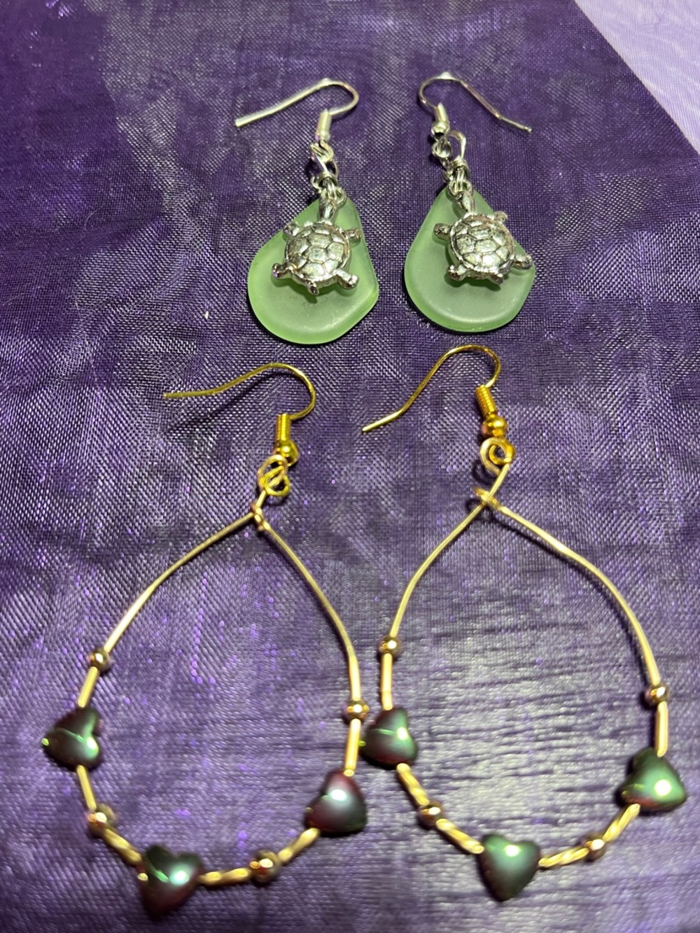 Green Teardrop Earrings with Turtle Charm in silver and Gold Hearts Earrings